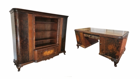 Komplet gabinetowy z 1930 r. biurko oraz biblioteka.